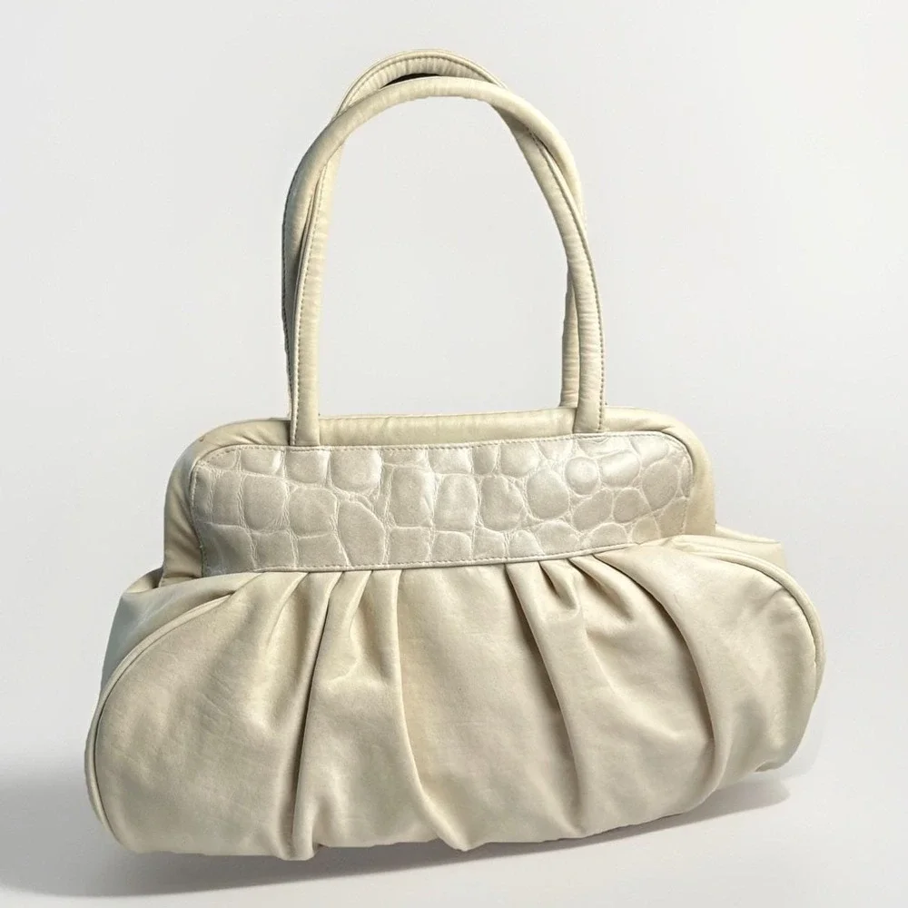 Vintage‎ Sylvia Cee Satchel - Cream Snakeskin, Leather, And SW Fabric - NOS